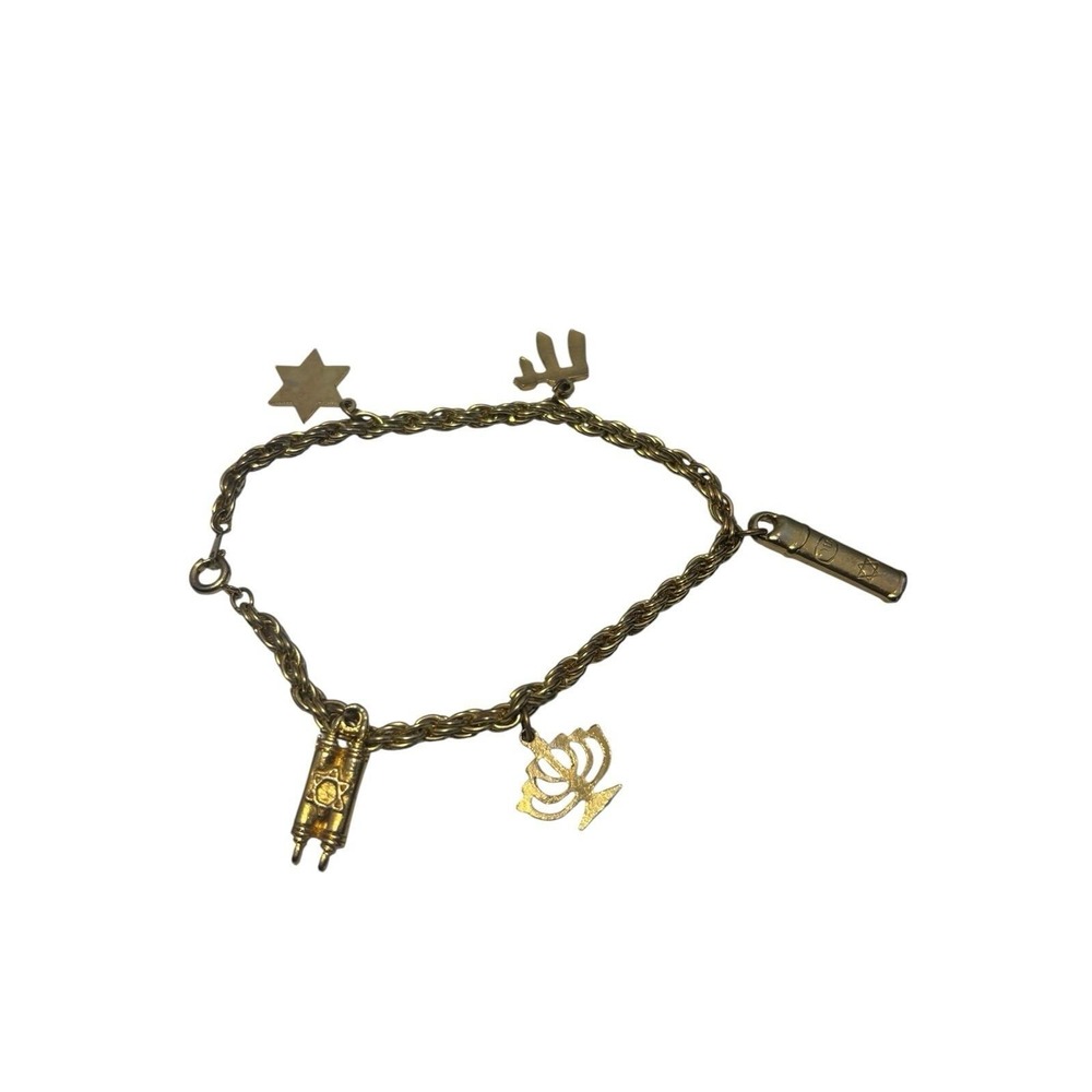 Vintage Gold Tone Religious Symbols‎ Jewish Spirtual Five Charm 7.5" Bracelet